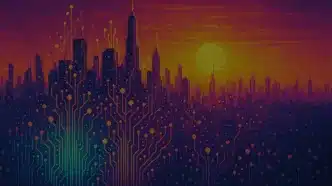 Illustration of a 2025 smart city powered by AI circuits at dawn