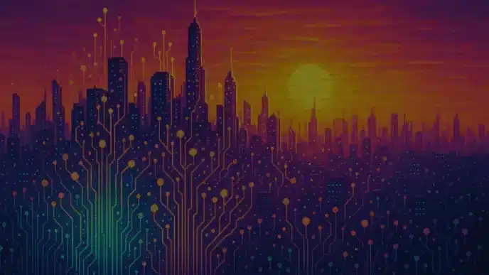 Illustration of a 2025 smart city powered by AI circuits at dawn
