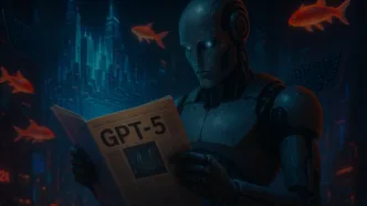 Surreal photorealistic scene of AI future with robot reading about GPT-5 in a neon holographic city”