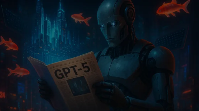 Surreal photorealistic scene of AI future with robot reading about GPT-5 in a neon holographic city”
