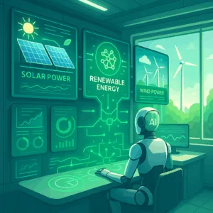 AI robot monitoring solar and wind power data in a renewable energy control room with futuristic digital dashboards.