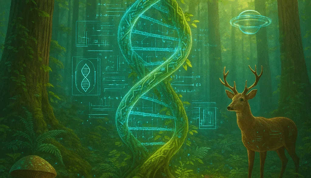 A glowing digital DNA helix intertwined with a tree in a mystical forest, observed by a deer and surrounded by futuristic holograms and alien-like technology.