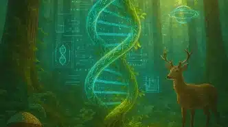A glowing digital DNA helix intertwined with a tree in a mystical forest, observed by a deer and surrounded by futuristic holograms and alien-like technology.