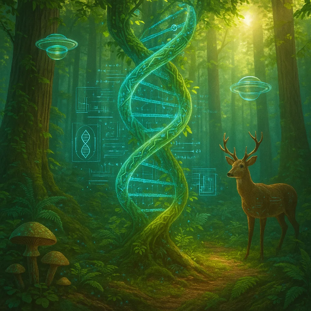 A glowing digital DNA helix intertwined with a tree in a mystical forest, observed by a deer and surrounded by futuristic holograms and alien-like technology.