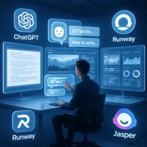 A digital creator working in a futuristic workspace surrounded by AI tools like ChatGPT, Runway, and Jasper, interacting with holographic content and analytics dashboards.