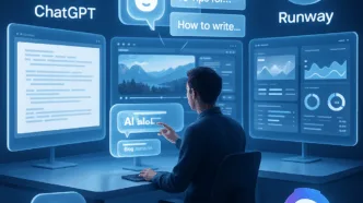 A digital creator working in a futuristic workspace surrounded by AI tools like ChatGPT, Runway, and Jasper, interacting with holographic content and analytics dashboards.