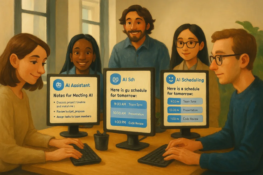 Team of professionals using AI-powered scheduling and virtual assistant tools in an office meeting.