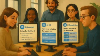 Team of professionals using AI-powered scheduling and virtual assistant tools in an office meeting.