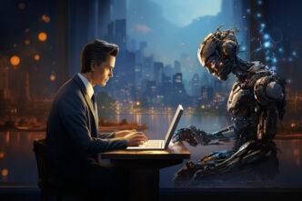 A businessman working on a laptop, facing an advanced humanoid robot, against a futuristic cityscape background.