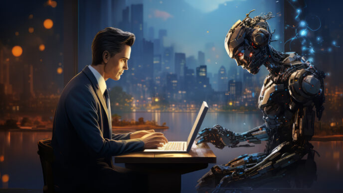 A businessman working on a laptop, facing an advanced humanoid robot, against a futuristic cityscape background.