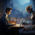A businessman working on a laptop, facing an advanced humanoid robot, against a futuristic cityscape background.