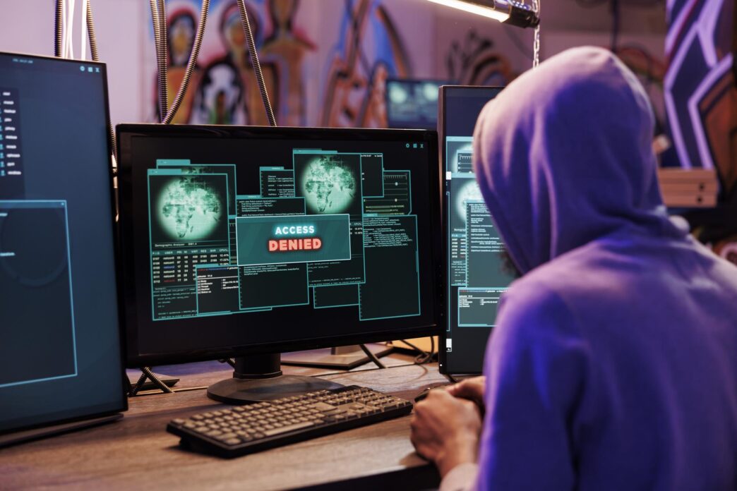 Hacker in a hoodie facing an "Access Denied" alert on computer screens during an attempted cyberattack.