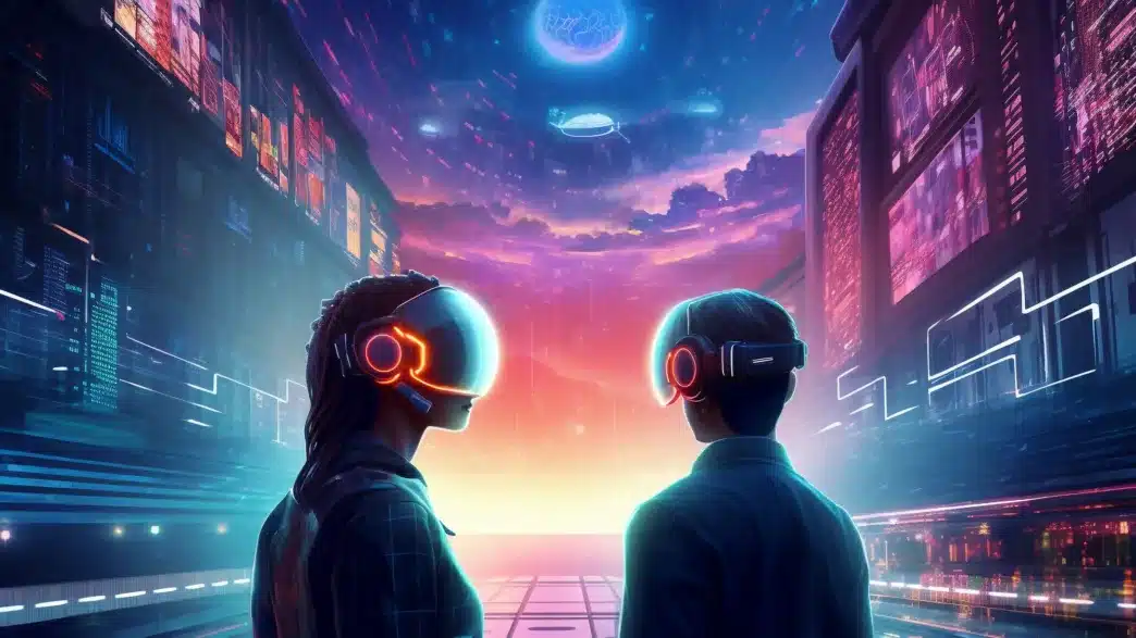 Two individuals wearing VR headsets exploring a neon-lit futuristic cyberpunk cityscape.