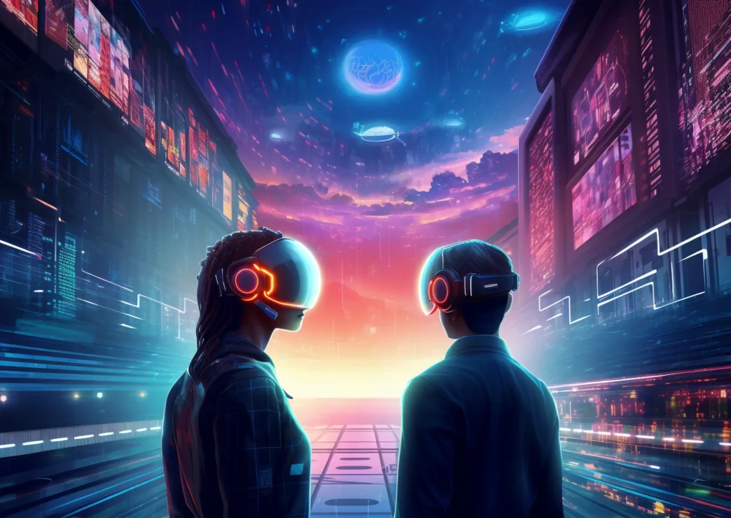 Two individuals wearing VR headsets exploring a neon-lit futuristic cyberpunk cityscape.