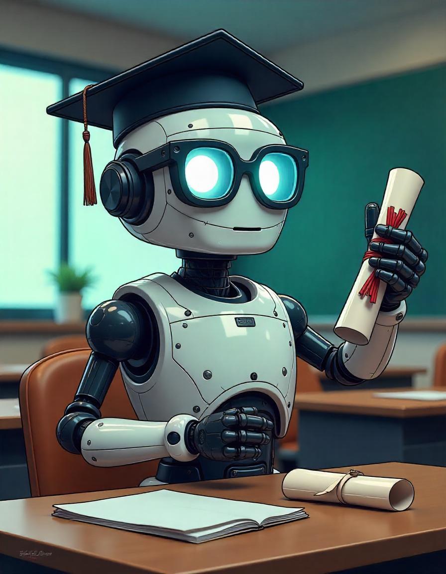 Cartoon-style robot wearing graduation cap and glasses, holding a diploma in a classroom setting.AI trends in 2025