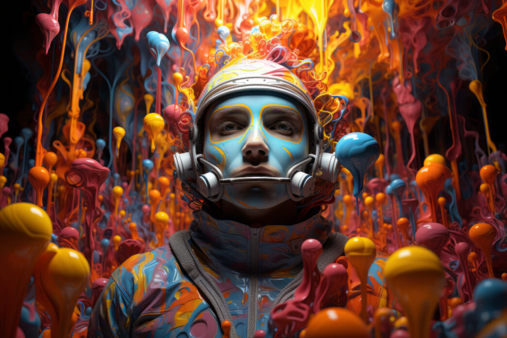Colorful 3D rendering of an astronaut surrounded by vibrant abstract paint splashes in various colors.