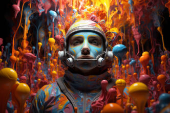 Colorful 3D rendering of an astronaut surrounded by vibrant abstract paint splashes in various colors.