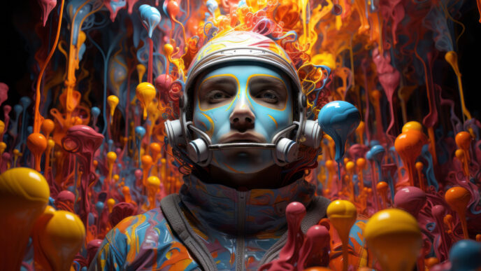 Colorful 3D rendering of an astronaut surrounded by vibrant abstract paint splashes in various colors.