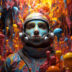 Colorful 3D rendering of an astronaut surrounded by vibrant abstract paint splashes in various colors.