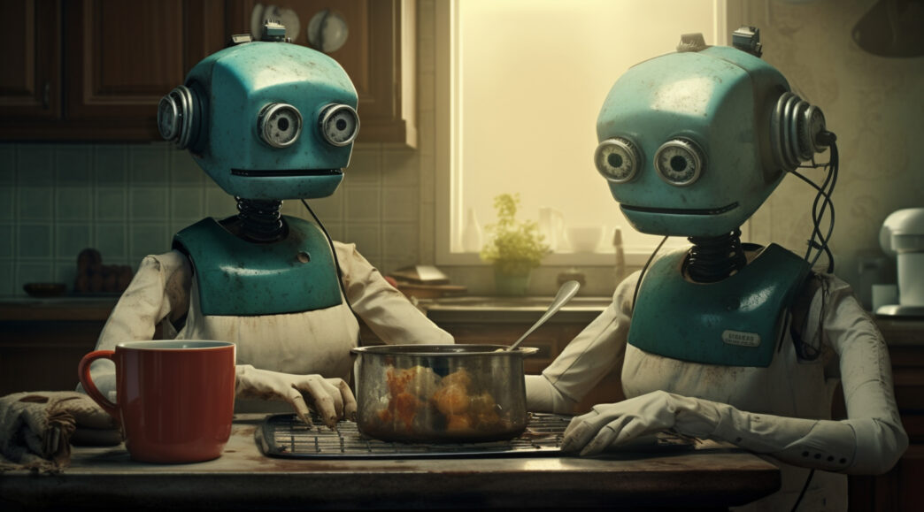 Two anthropomorphic robots cooking together in a cozy kitchen setting.