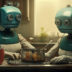 Two anthropomorphic robots cooking together in a cozy kitchen setting.