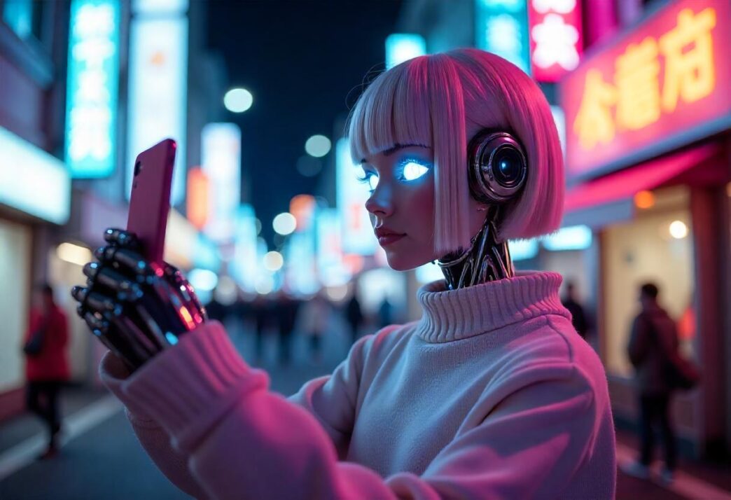 Futuristic robotic woman with glowing eyes taking a selfie in a neon-lit urban street.