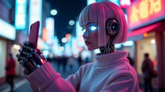 Futuristic robotic woman with glowing eyes taking a selfie in a neon-lit urban street.