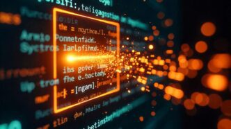 Glowing orange code snippet bursting with digital particles against a backdrop of teal text, symbolizing dynamic data processing