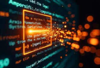 Glowing orange code snippet bursting with digital particles against a backdrop of teal text, symbolizing dynamic data processing