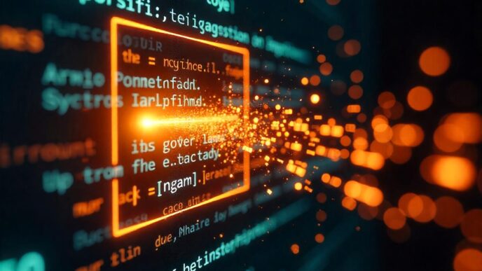 Glowing orange code snippet bursting with digital particles against a backdrop of teal text, symbolizing dynamic data processing