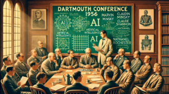 A vintage-style illustration of the 1956 Dartmouth Conference on Artificial Intelligence, showing a group of scholars gathered around a chalkboard labeled ‘AI.’