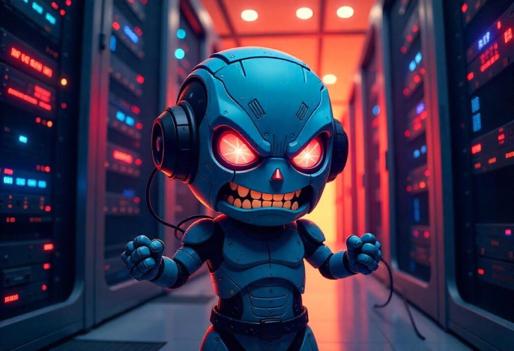 A small, blue robotic figure with glowing red eyes and a fierce expression, wearing headphones in a neon-lit server room.