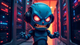 A small, blue robotic figure with glowing red eyes and a fierce expression, wearing headphones in a neon-lit server room.