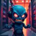 A small, blue robotic figure with glowing red eyes and a fierce expression, wearing headphones in a neon-lit server room.