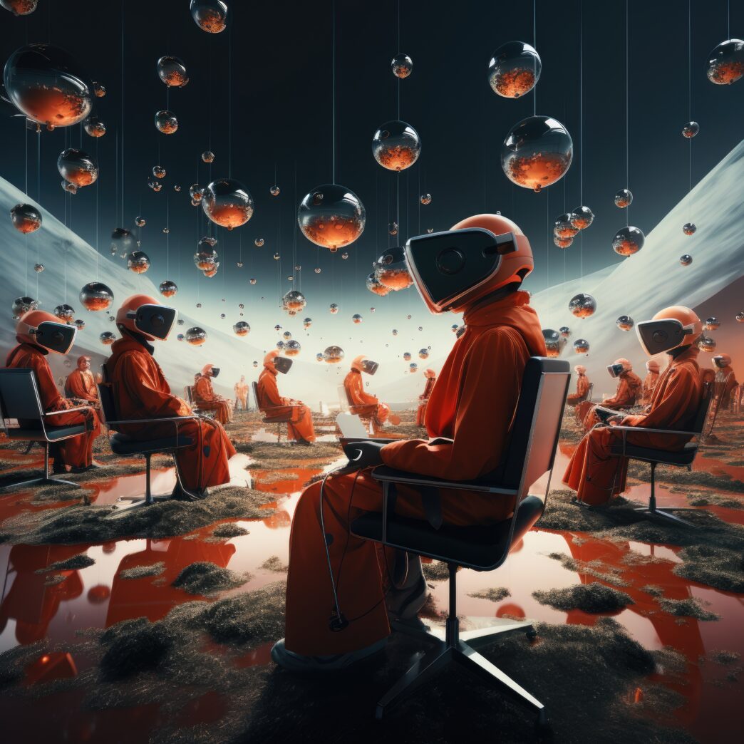 Rows of individuals in orange jumpsuits wearing VR headsets, seated among hanging glass spheres containing a red fluid in a surreal, futuristic environment.