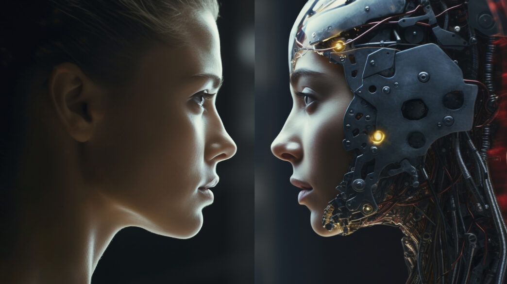 A side-by-side profile view of a human woman’s face on the left and a partially mechanical, cyborg-like face on the right, both in close-up.