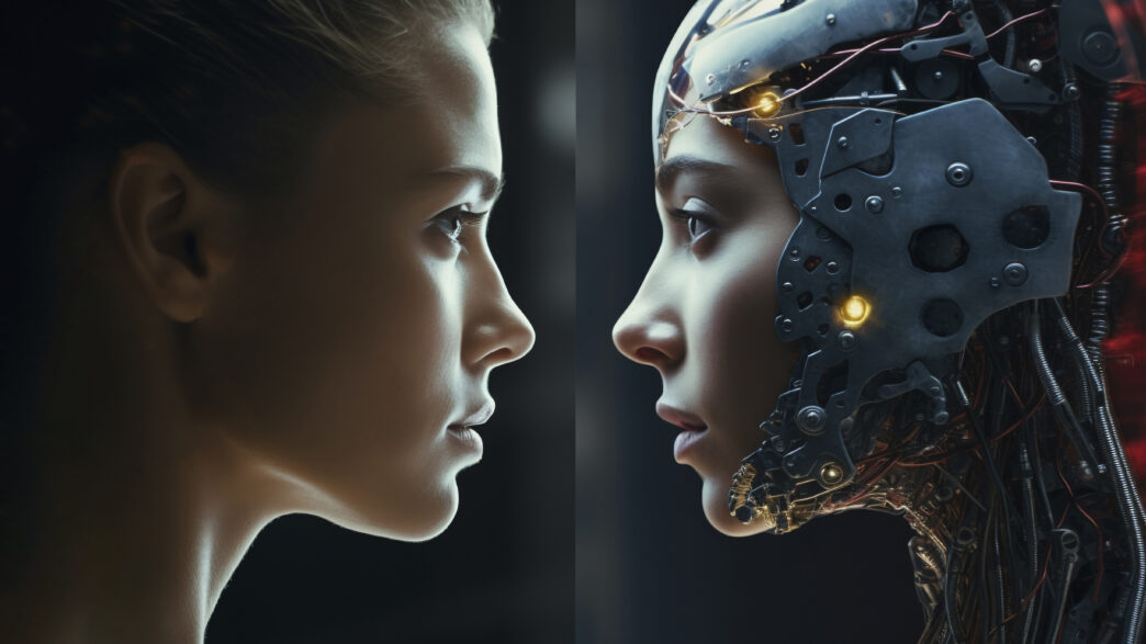A side-by-side profile view of a human woman’s face on the left and a partially mechanical, cyborg-like face on the right, both in close-up.