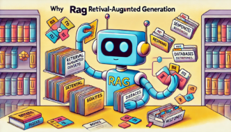 A friendly blue robot labeled ‘RAG’ organizing color-coded file folders with titles like ‘Retrieval Augmented Data,’ surrounded by bookshelves and labeled documents.