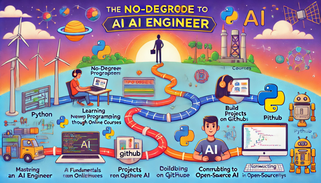 “A colorful cartoon roadmap labeled ‘The No-Degree to AI Engineer,’ showing a winding path of Python, GitHub, and online courses leading to a silhouette at a rising sun.