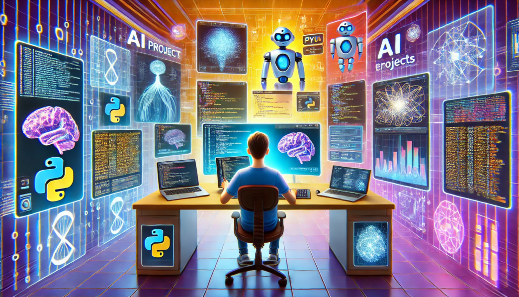 A programmer seated at a desk, surrounded by holographic screens showing Python code, neural networks, and robot graphics in a futuristic AI workspace.