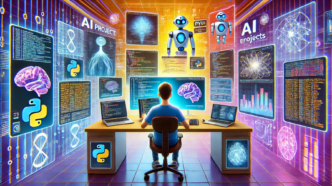 A programmer seated at a desk, surrounded by holographic screens showing Python code, neural networks, and robot graphics in a futuristic AI workspace.