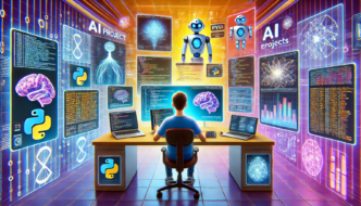 A programmer seated at a desk, surrounded by holographic screens showing Python code, neural networks, and robot graphics in a futuristic AI workspace.
