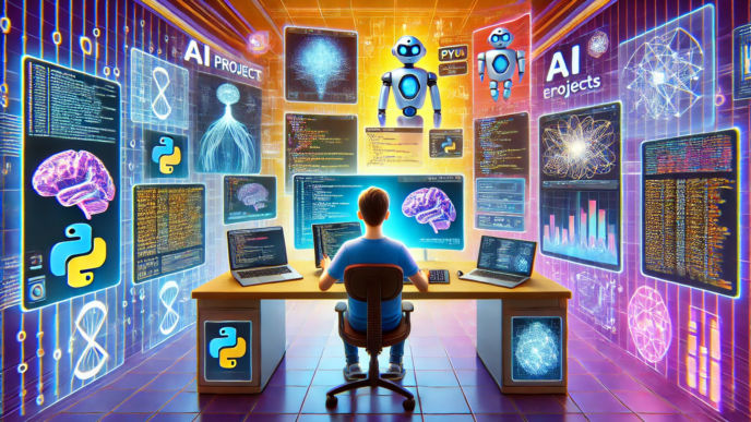A programmer seated at a desk, surrounded by holographic screens showing Python code, neural networks, and robot graphics in a futuristic AI workspace.