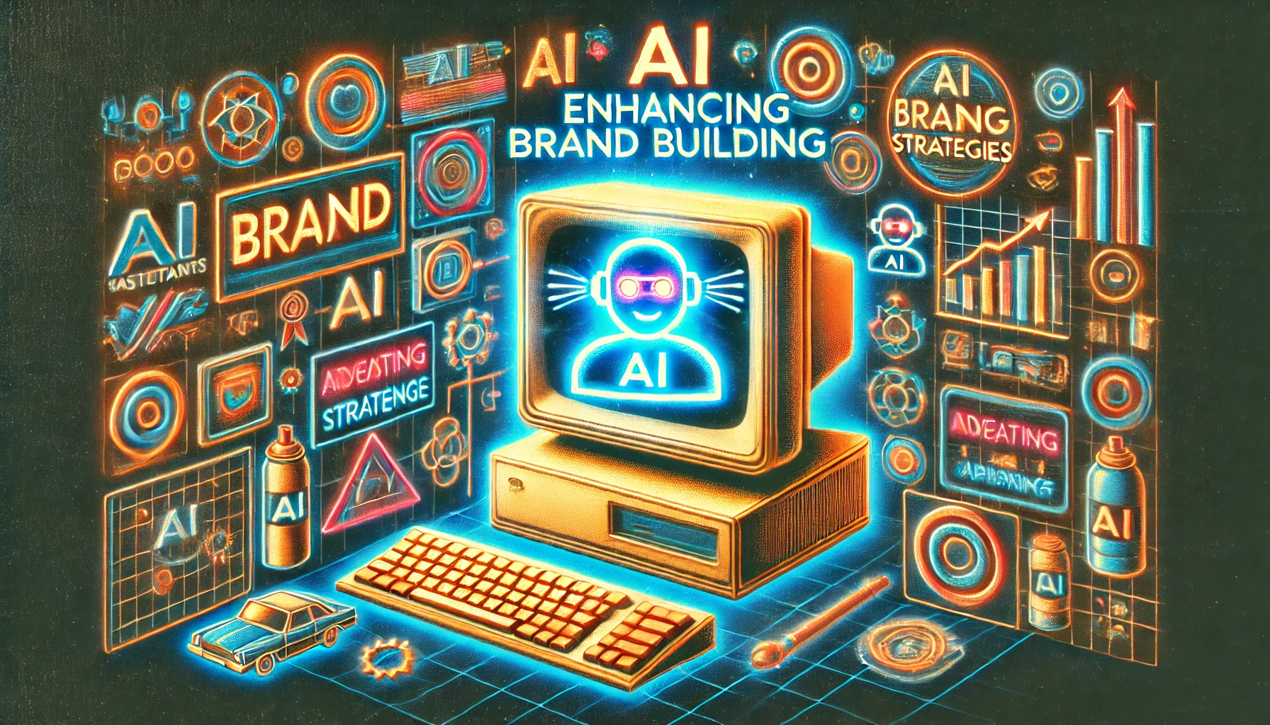 A retro-futuristic computer displaying an AI icon, surrounded by neon branding visuals, charts, and marketing elements.