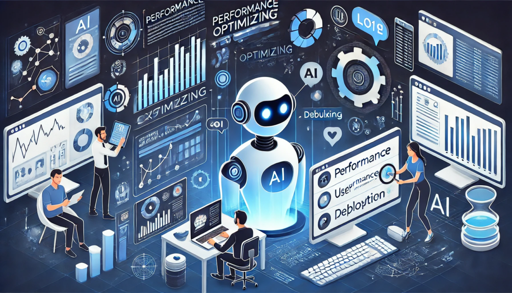 A luminous white robot labeled ‘AI’ surrounded by multiple performance dashboards, charts, and figures, with professionals analyzing data.