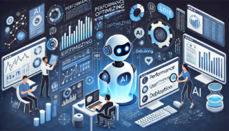 A luminous white robot labeled ‘AI’ surrounded by multiple performance dashboards, charts, and figures, with professionals analyzing data.