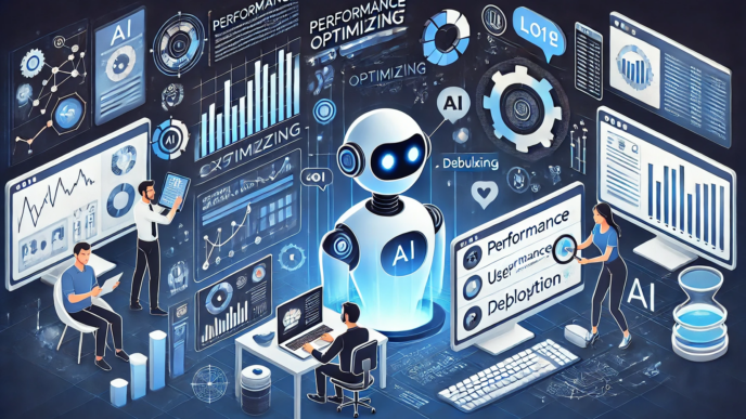 A luminous white robot labeled ‘AI’ surrounded by multiple performance dashboards, charts, and figures, with professionals analyzing data.