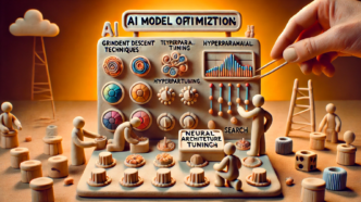 Clay figurines adjusting knobs and dials on a large model labeled ‘AI Model Optimization,’ depicting hyperparameter tuning, gradient descent, and neural architecture search.