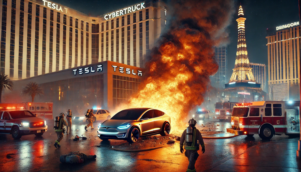 A nighttime scene in Las Vegas with a futuristic Tesla building in the background, firefighters responding to a burning Tesla SUV, and the Eiffel Tower replica nearby.