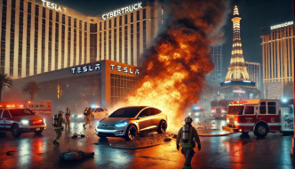 A nighttime scene in Las Vegas with a futuristic Tesla building in the background, firefighters responding to a burning Tesla SUV, and the Eiffel Tower replica nearby.